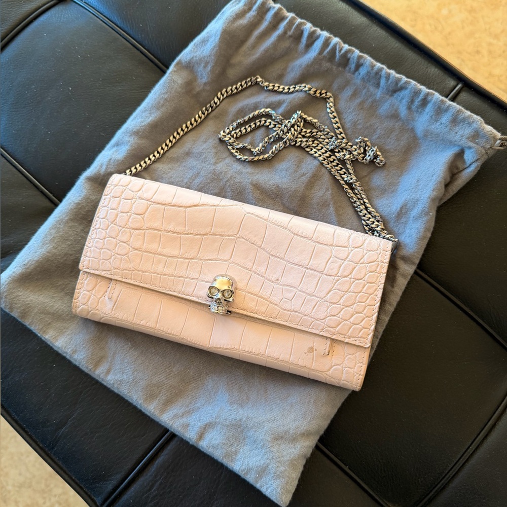 Alexander McQueen skull baby pink Croc-Embossed leather convertible wallet